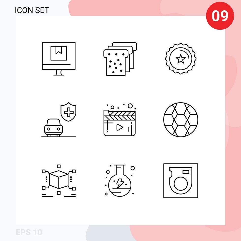 Mobile Interface Outline Set of 9 Pictograms of player cinema badge security car Editable Vector Design Elements