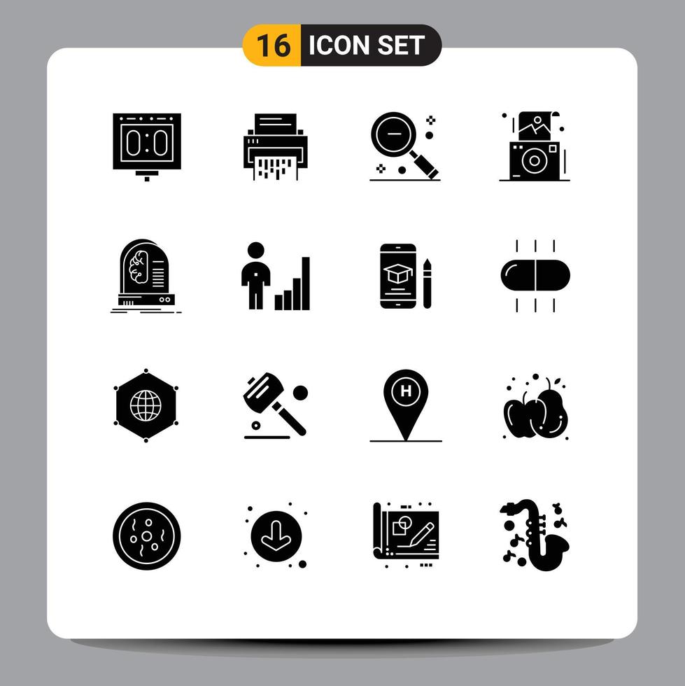 Pack of 16 Modern Solid Glyphs Signs and Symbols for Web Print Media such as camera search document out magnifier Editable Vector Design Elements