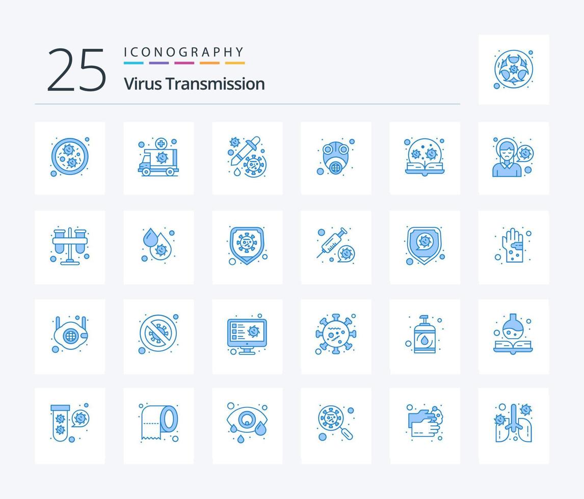 transmisión de virus 25 paquete de iconos de color azul que incluye aprendizaje. proteger. droga. máscara. epidemia vector
