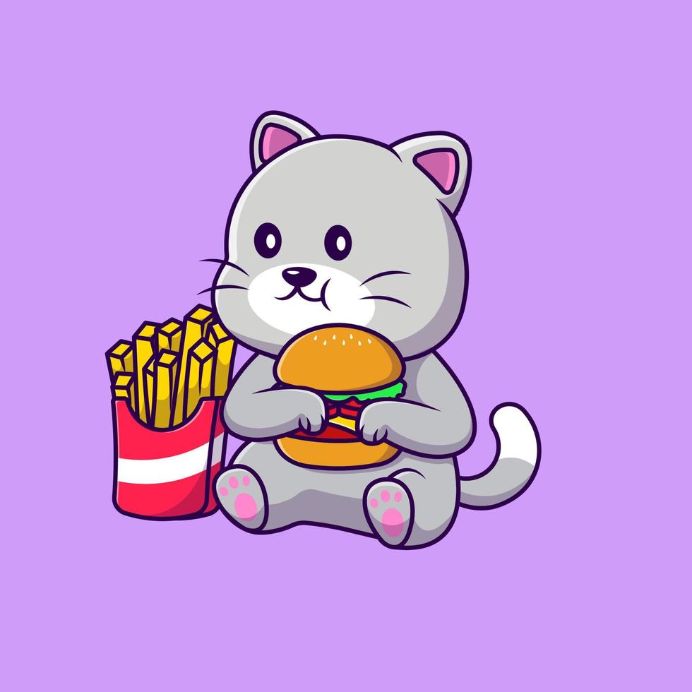 lindo gato comiendo hamburguesa y papas fritas ilustración de iconos de vector de dibujos animados. concepto de caricatura plana. adecuado para cualquier proyecto creativo.