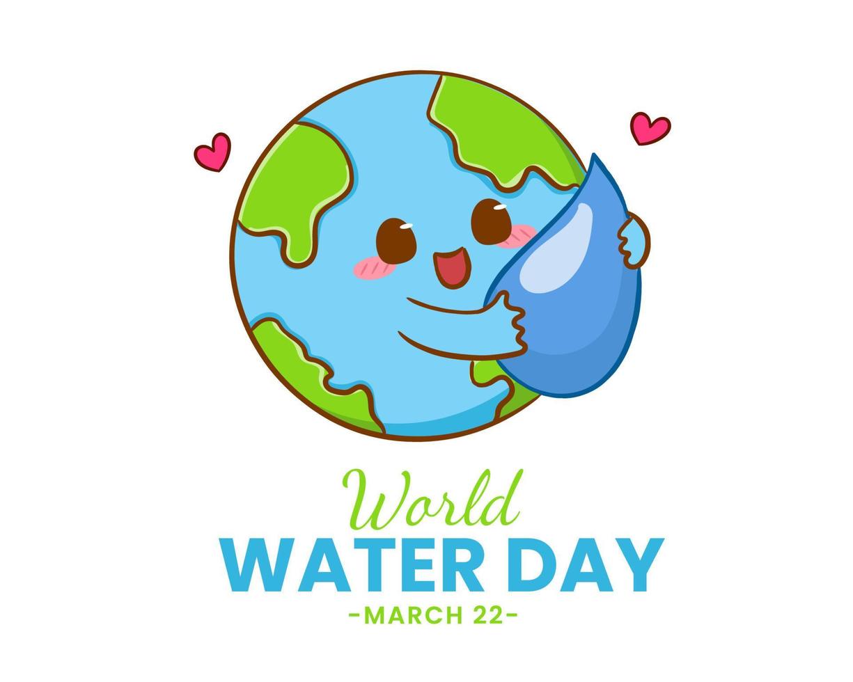 Cute earth cartoon character. World water day concept design. Flat cartoon style. Isolated white background. Vector art illustration.