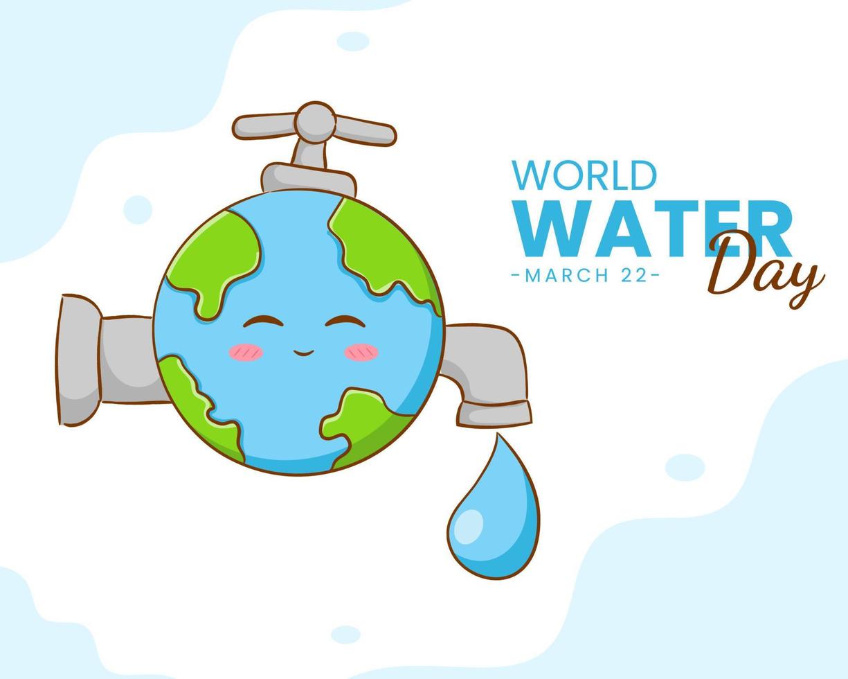 Cute earth cartoon character. World water day concept design. Flat cartoon style. Isolated white background. Vector art illustration.