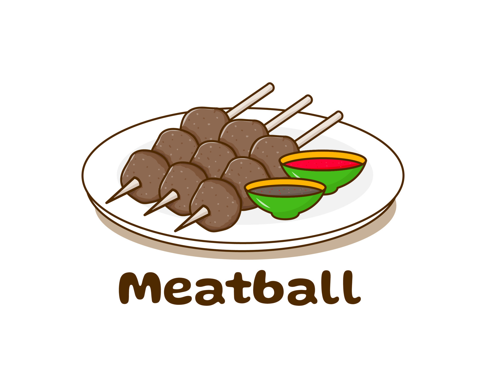 Meatballs on wooden stick skewer. Meatball on plate with a bowl of