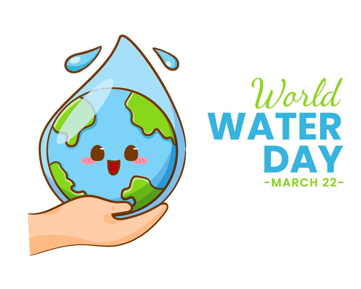 Cute earth cartoon character. World water day concept design. Flat cartoon style. Isolated white background. Vector art illustration.