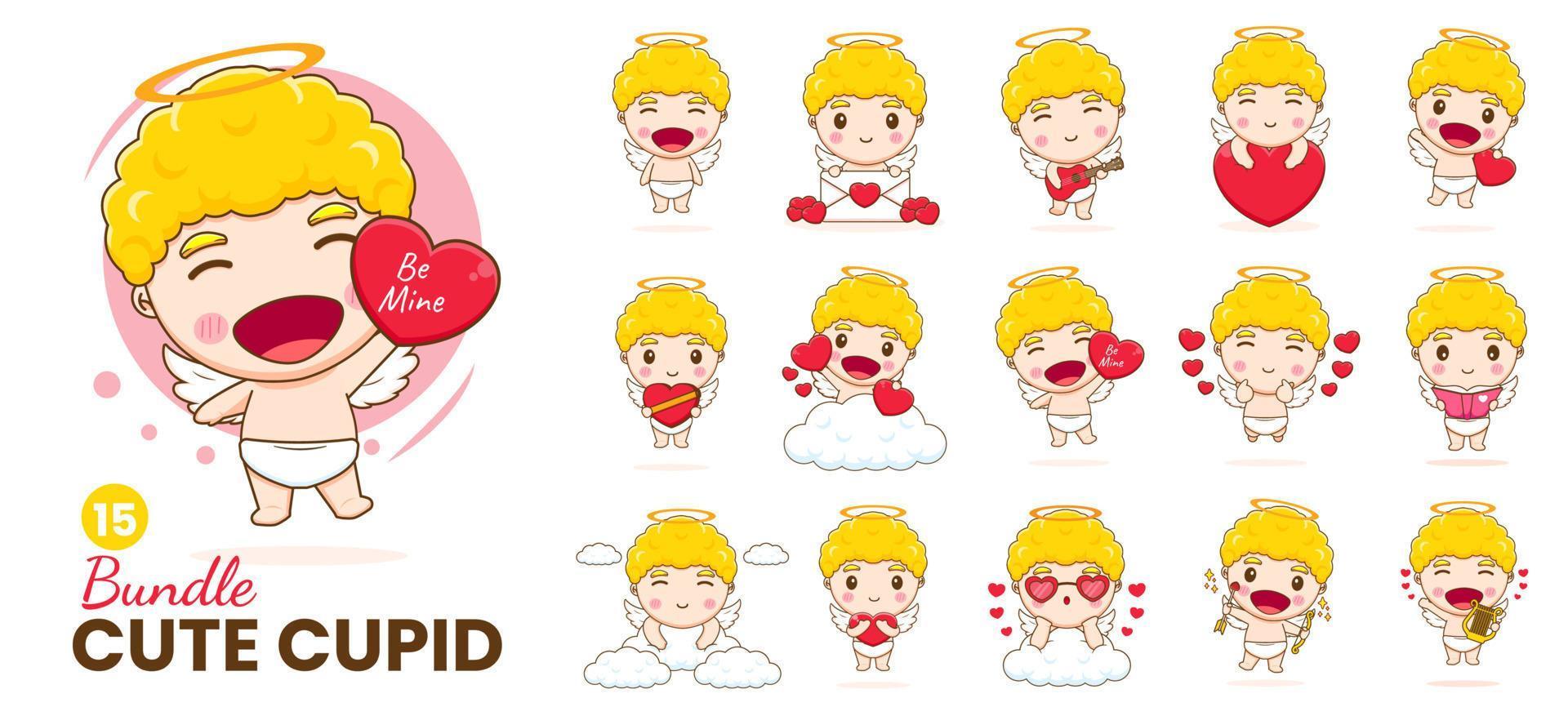 Set collection of cute cupid cartoon character. Amur babies, little angels or god eros. Valentines day concept design. Adorable angel in love. Kawaii chibi vector character. Isolated white background.