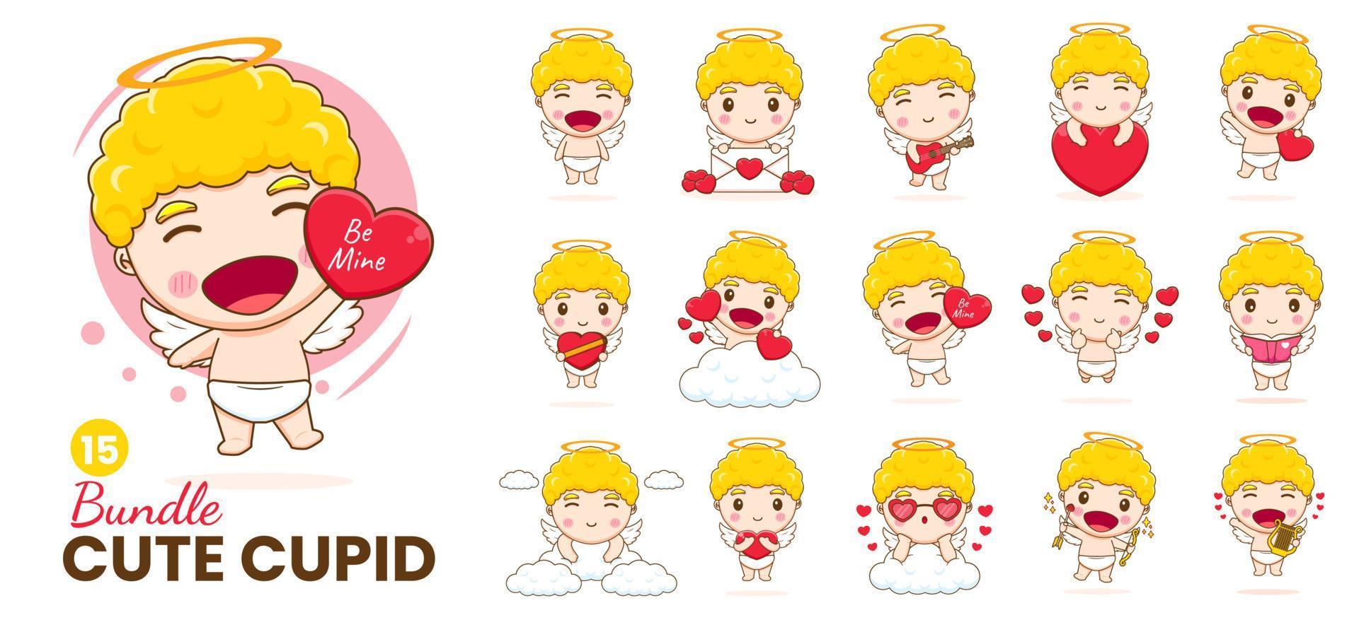 establecer una colección de lindos personajes de dibujos animados de cupido. bebés amur, angelitos o dios eros. diseño de concepto del día de san valentín. adorable ángel enamorado. carácter vectorial kawaii chibi. fondo blanco aislado. vector