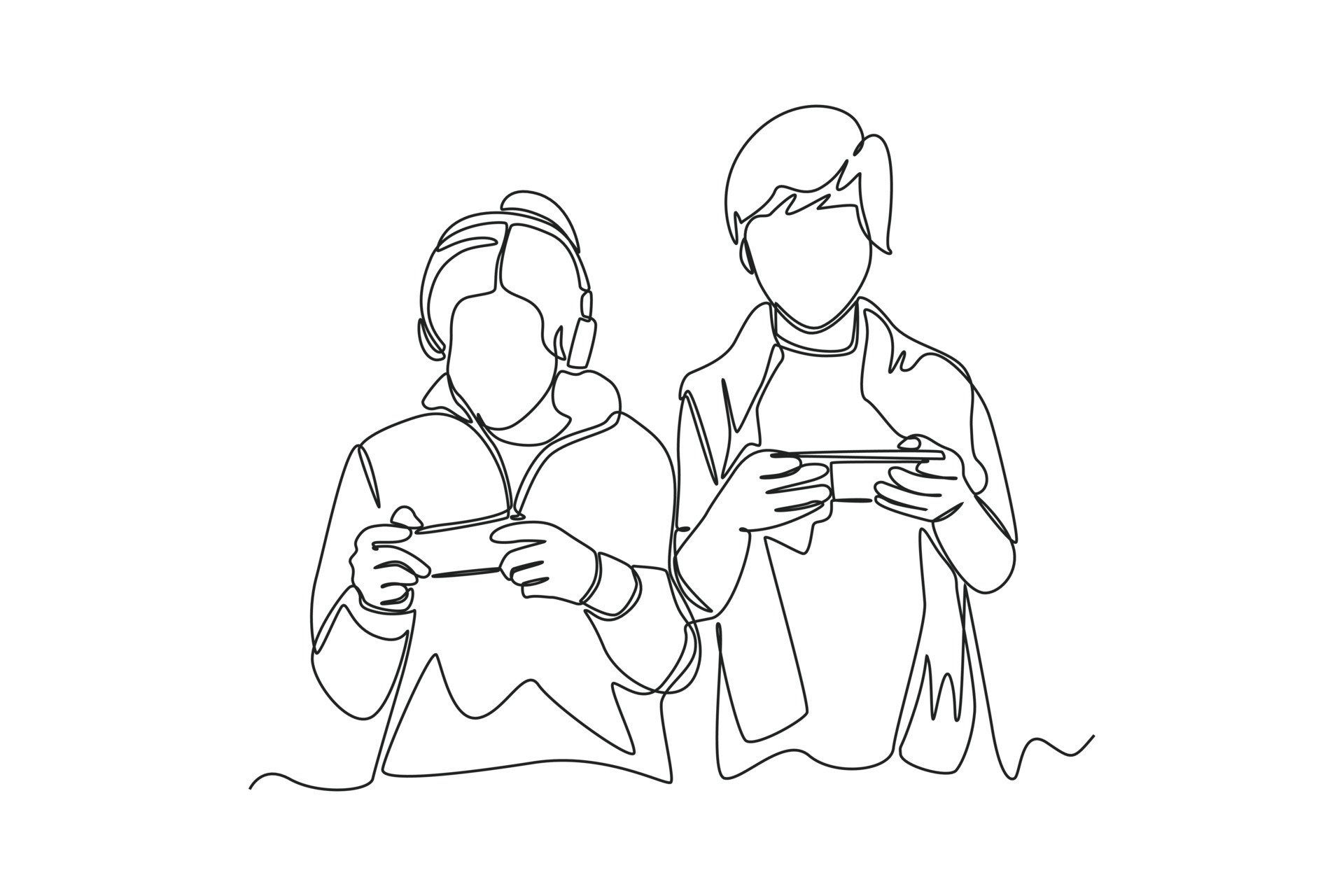 Continuous one line drawing Two little boys using smartphones to play