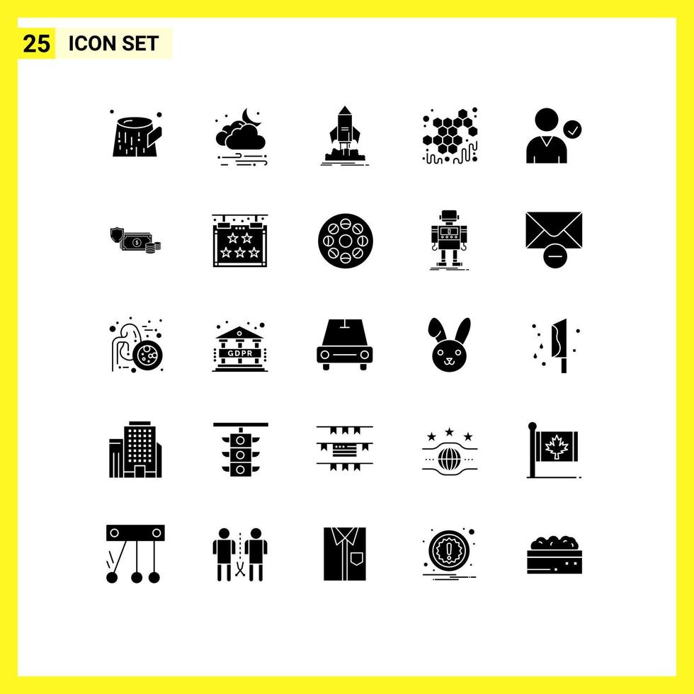 Group of 25 Solid Glyphs Signs and Symbols for check sweet launch honey mission Editable Vector Design Elements
