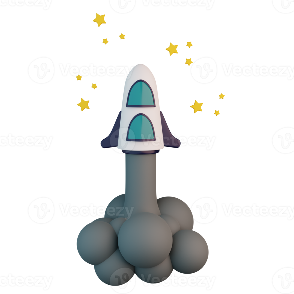 rakete, die mit rauch und sternen 3d-illustration in den himmel steigt png