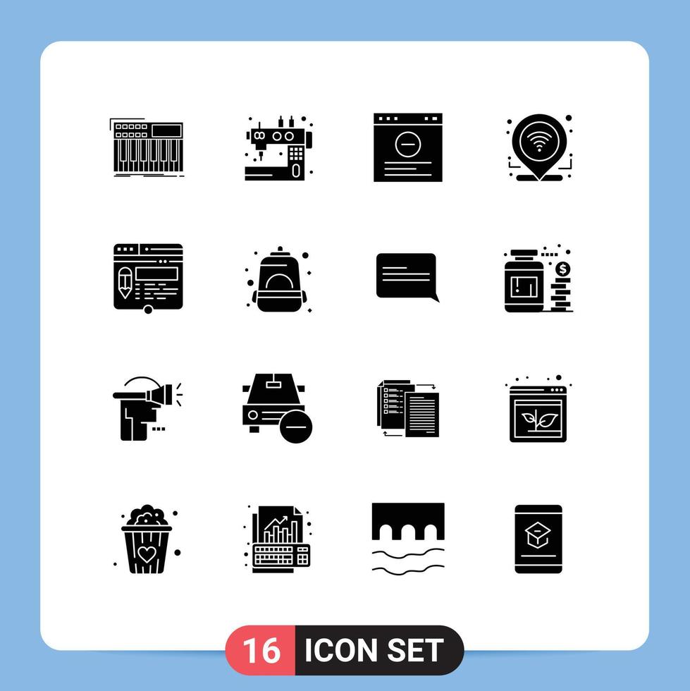 Modern Set of 16 Solid Glyphs Pictograph of edit location sewing gps website Editable Vector Design Elements