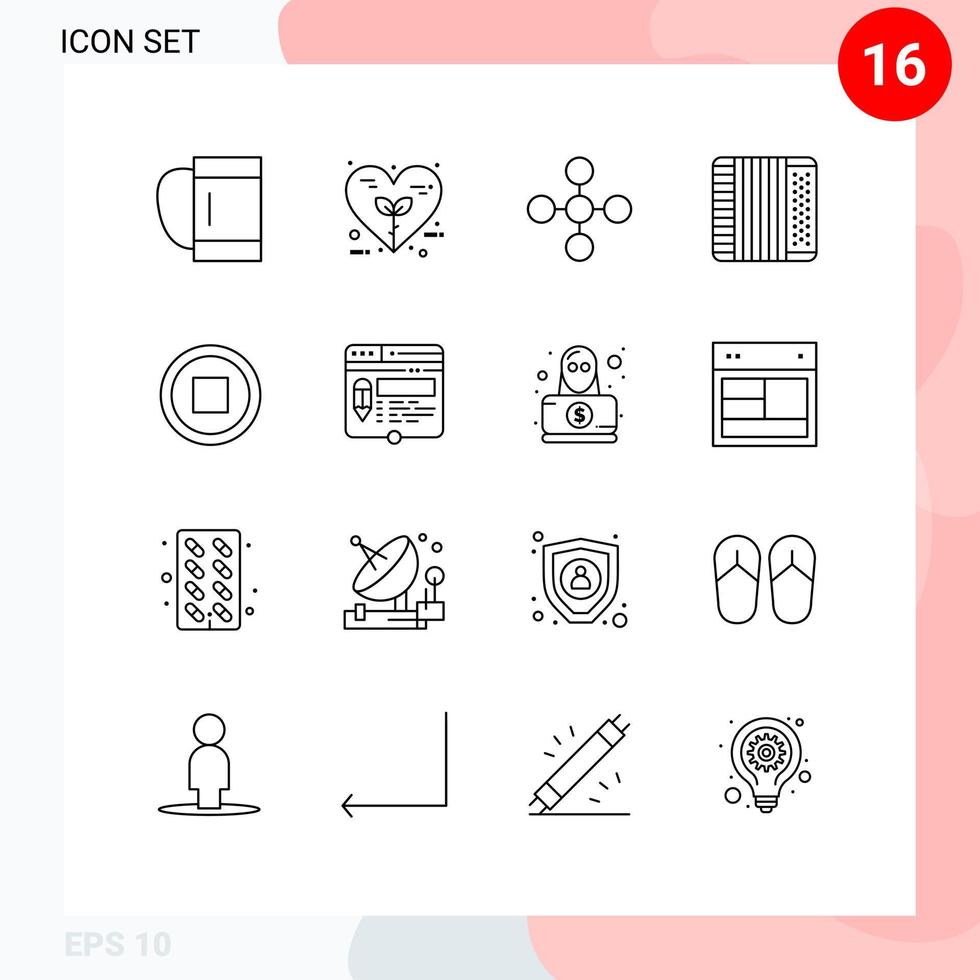 Outline Pack of 16 Universal Symbols of interface music central instrument accordion Editable Vector Design Elements