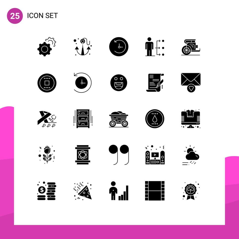 User Interface Pack of 25 Basic Solid Glyphs of old chariot clock male network Editable Vector Design Elements