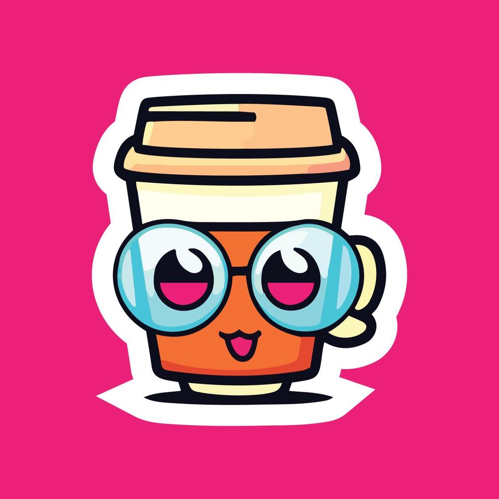 coffee cups With Eyes and Eyeglass on. Cup and glass with faces. Logo, icon, coffee shop, menu design templates. Cute cartoon style characters. Three hand drawn isolated Vector illustrations