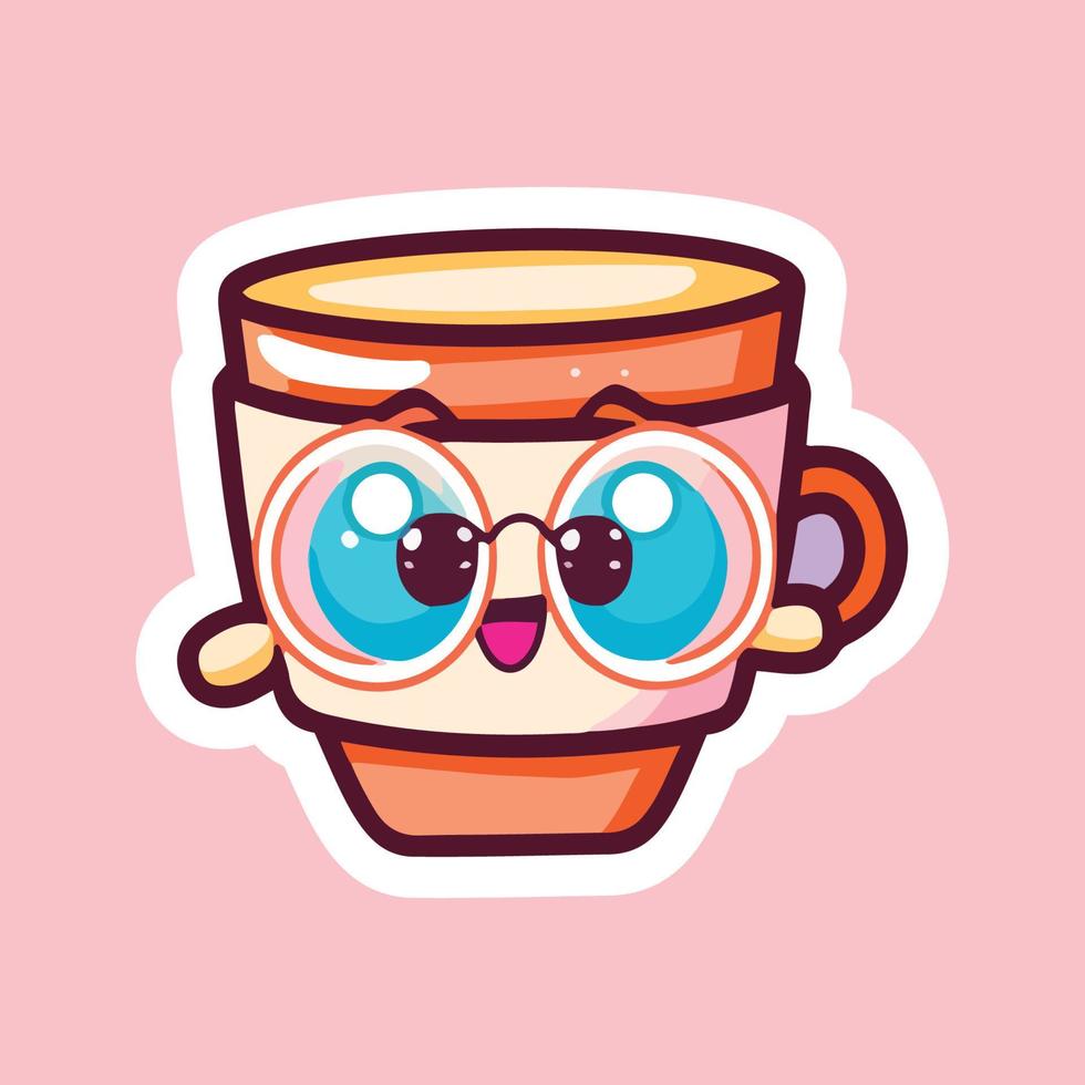 coffee cups With Eyes and Eyeglass on. Cup and glass with faces. Logo, icon, coffee shop, menu design templates. Cute cartoon style characters. Three hand drawn isolated Vector illustrations