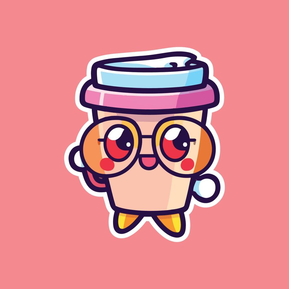 coffee cups With Eyes and Eyeglass on. Cup and glass with faces. Logo, icon, coffee shop, menu design templates. Cute cartoon style characters. Three hand drawn isolated Vector illustrations