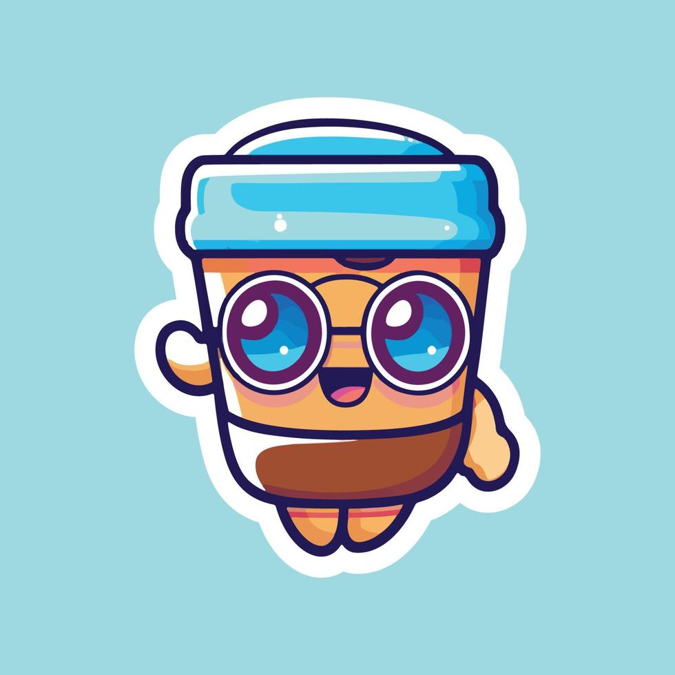 coffee cups With Eyes and Eyeglass on. Cup and glass with faces. Logo, icon, coffee shop, menu design templates. Cute cartoon style characters. Three hand drawn isolated Vector illustrations