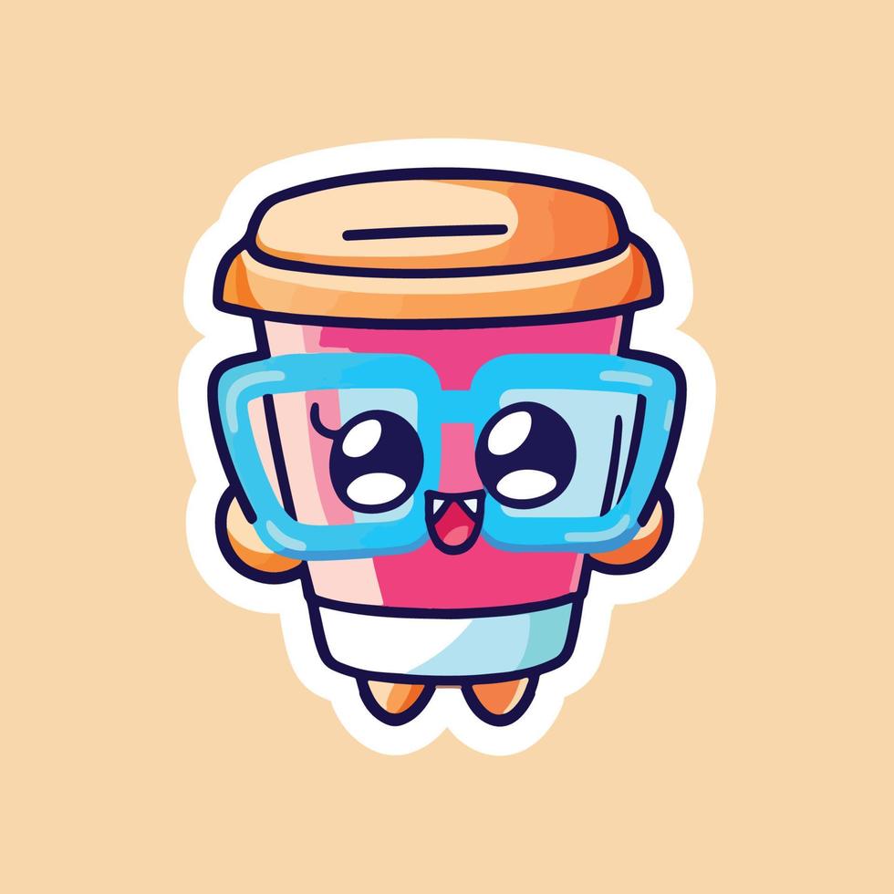 coffee cups With Eyes and Eyeglass on. Cup and glass with faces. Logo, icon, coffee shop, menu design templates. Cute cartoon style characters. Three hand drawn isolated Vector illustrations