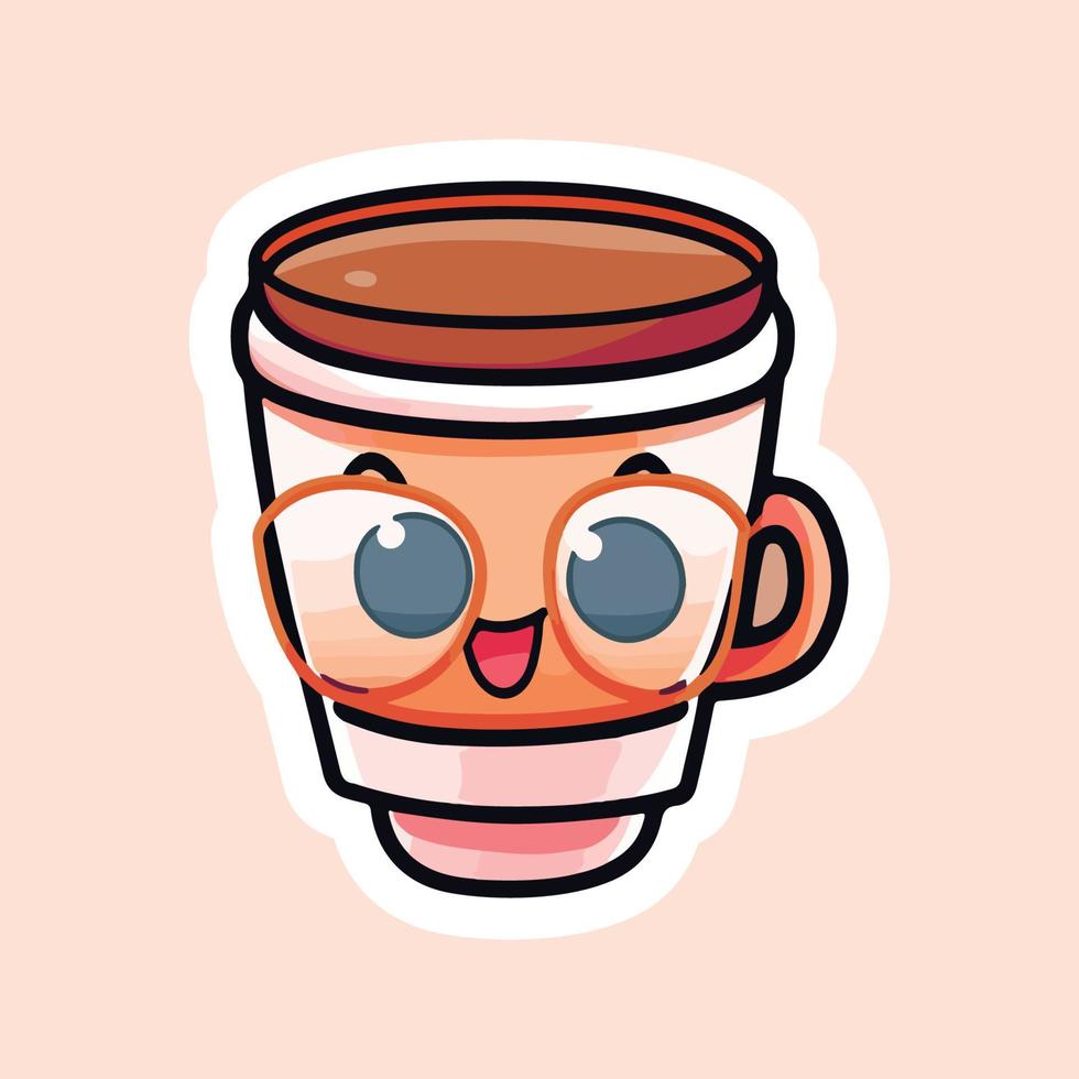coffee cups With Eyes and Eyeglass on. Cup and glass with faces. Logo, icon, coffee shop, menu design templates. Cute cartoon style characters. Three hand drawn isolated Vector illustrations