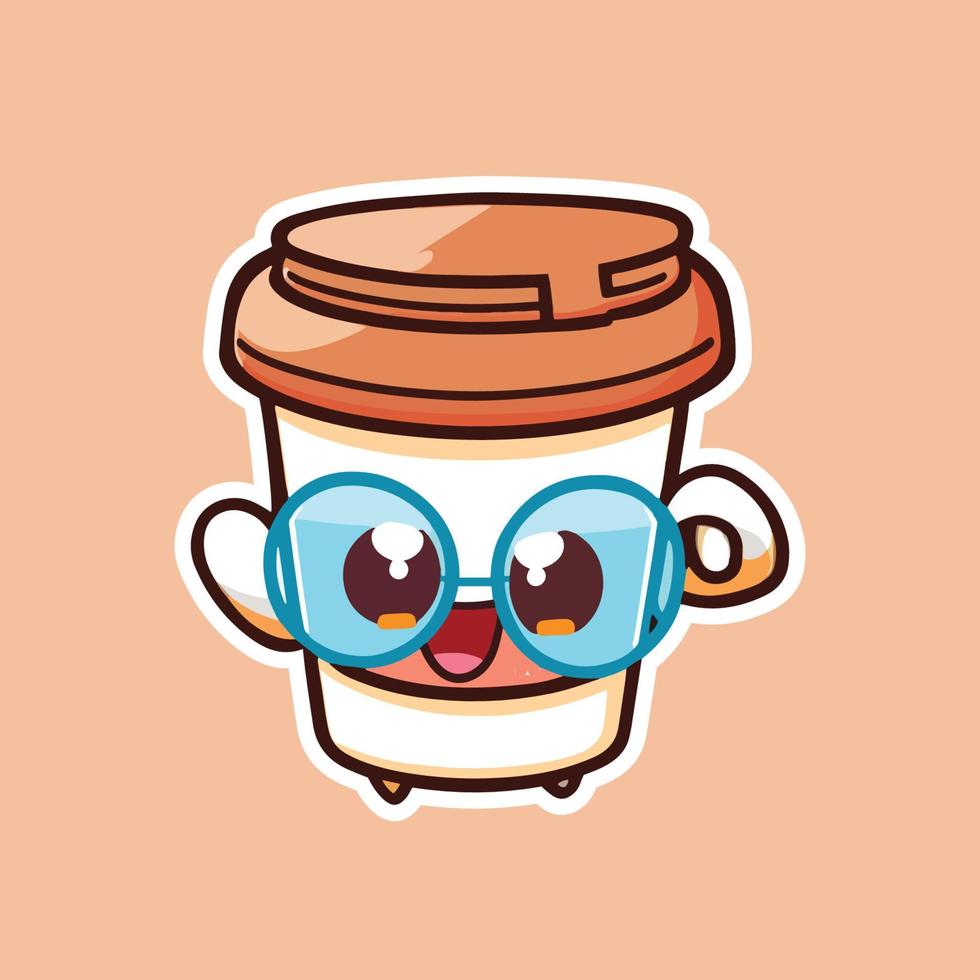 coffee cups With Eyes and Eyeglass on. Cup and glass with faces. Logo, icon, coffee shop, menu design templates. Cute cartoon style characters. Three hand drawn isolated Vector illustrations
