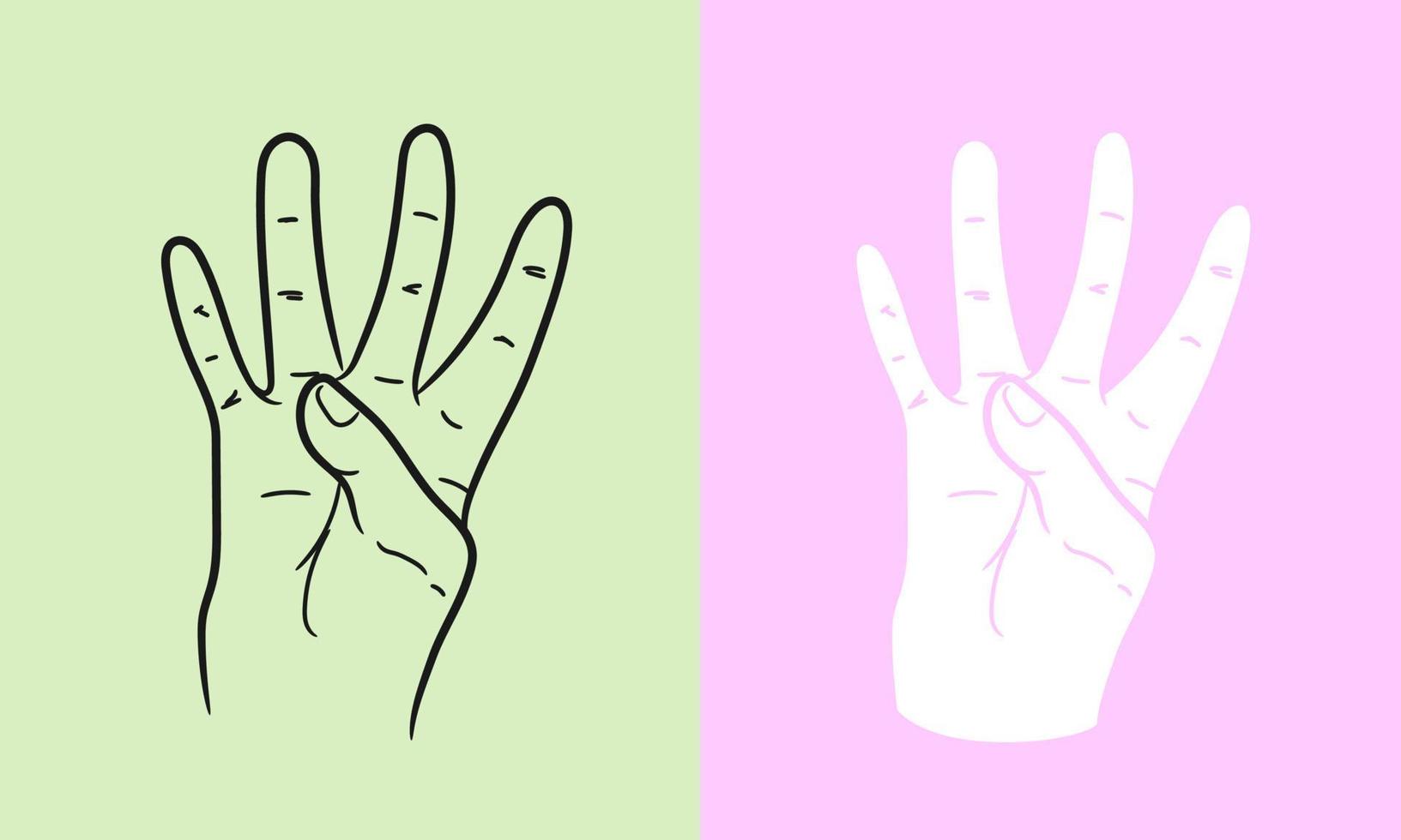signo de cuatro dedos de la plantilla de ilustración vectorial de gestos manuales. arte de línea de gesto realista de la mano humana. aislado en el fondo. pasos vectoriales 10. vector
