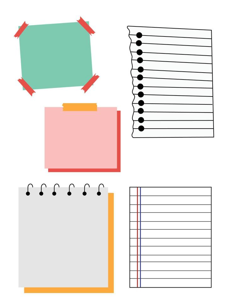 Set of different note papers. Notes paper sheets attached. vector