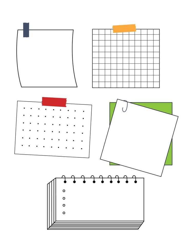 Set of different note papers. Notes paper sheets attached. vector
