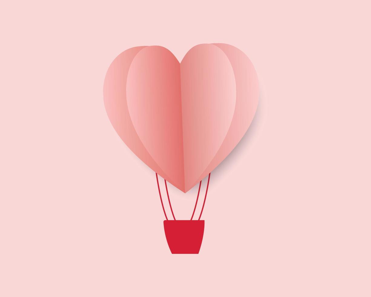 valentine day with heart balloon, gift and clouds. Paper cut style. vector illustration.