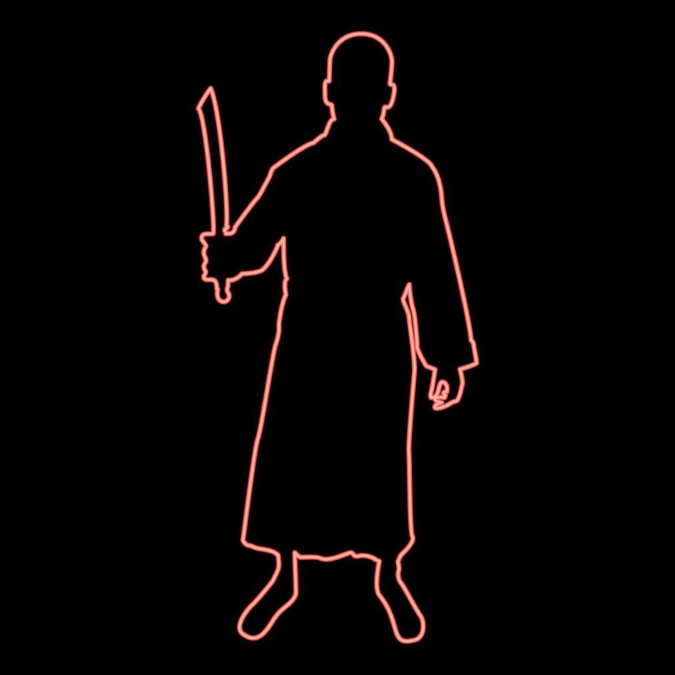 Neon man with sword machete Cold weapons in hand military man Soldier Serviceman in positions Hunter with knife Fight poses Strong defender Warrior concept Weaponry Stand red color vector