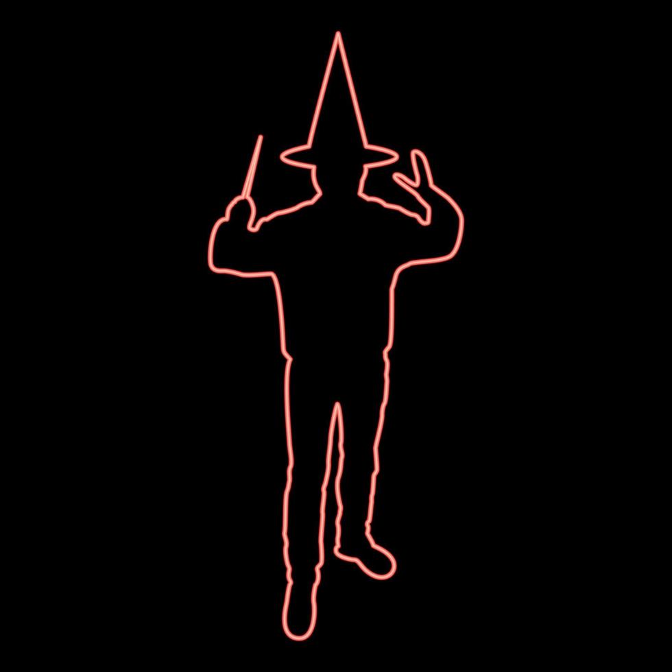 Neon wizard holds magic wand trick Waving Sorcery concept Magician Sorcerer Fantasy person Warlock man in robe with magical stick Witchcraft in hat mantle Mage conjure Mystery idea Enchantment red vector