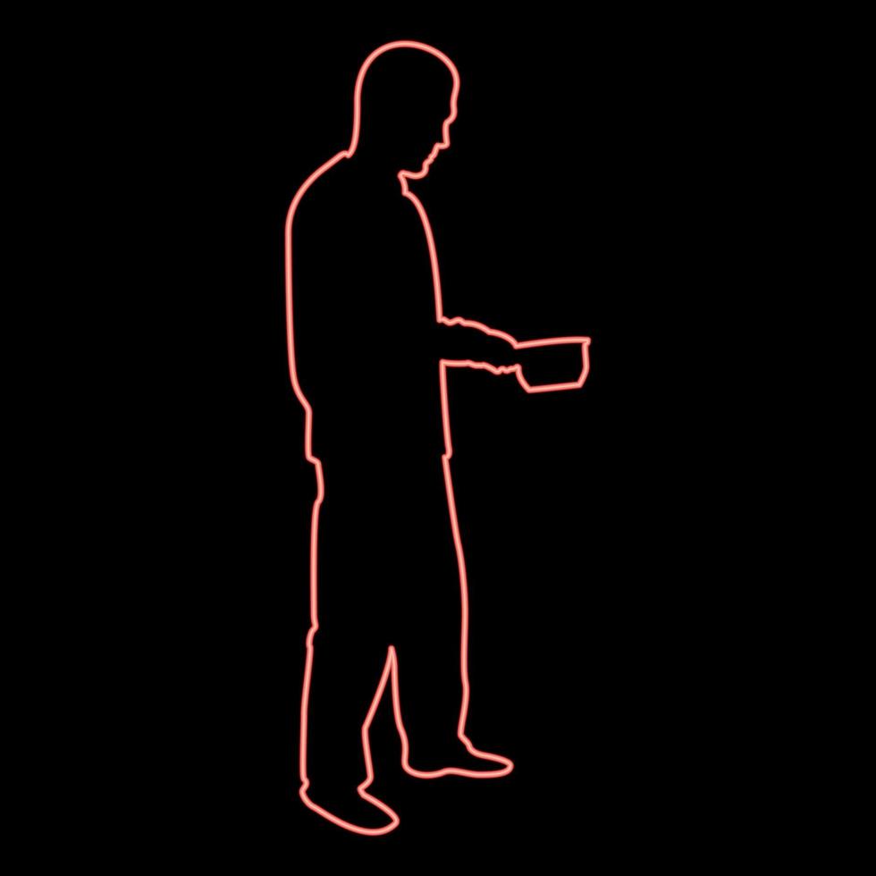 hombre de neón con una cacerola en sus manos preparando comida cocina masculina usar platillos color rojo vector ilustración imagen estilo plano