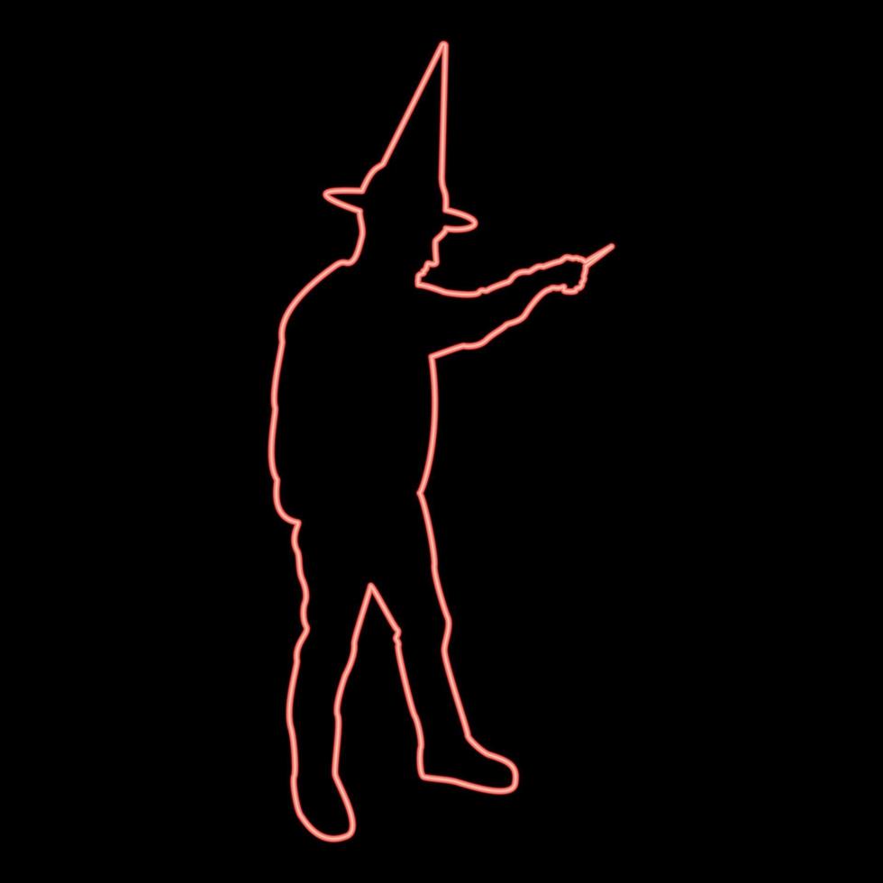 Neon wizard holds magic wand trick Waving Sorcery concept Magician Sorcerer Fantasy person Warlock man in robe with magical stick Witchcraft in hat mantle Mage conjure Mystery idea Enchantment red vector