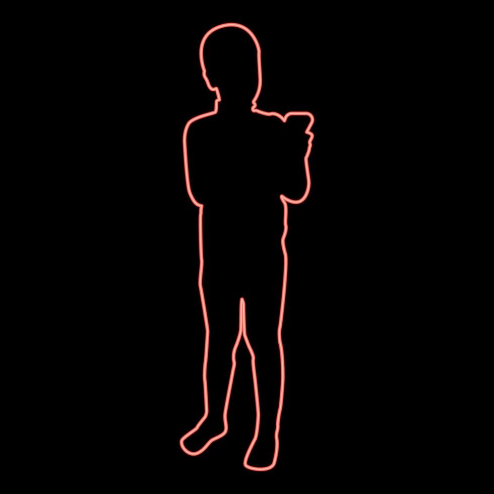 Neon boy holding smartphone phone Playing tablet Male using communication tool Adolescent looking phone addiction Concept dependency from modern technologies red color vector illustration image flat