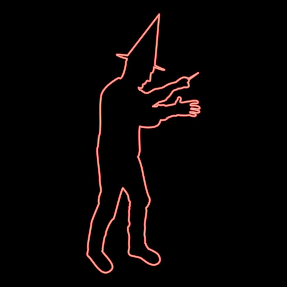 Neon wizard holds magic wand trick Waving Sorcery concept Magician Sorcerer Fantasy person Warlock man in robe with magical stick Witchcraft in hat mantle Mage conjure Mystery idea Enchantment red vector