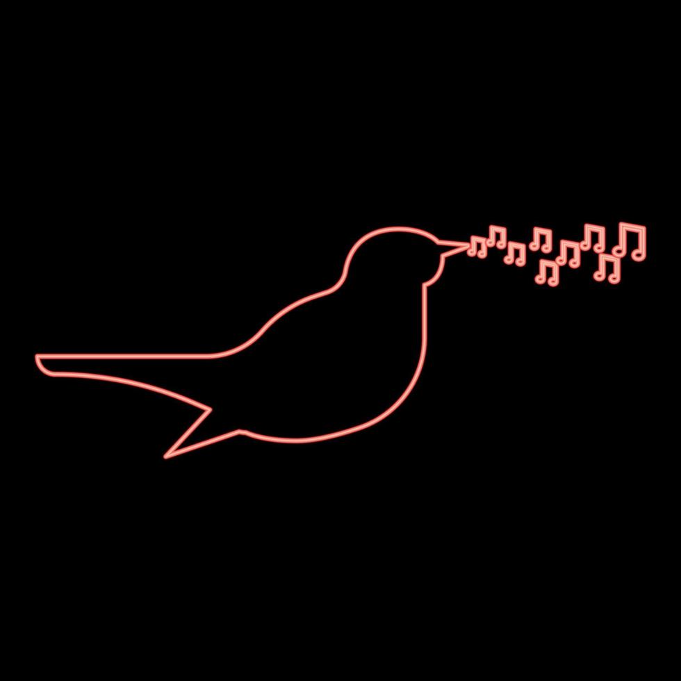 Neon nightingale singing tune song Bird musical notes Music concept red color vector illustration image flat style