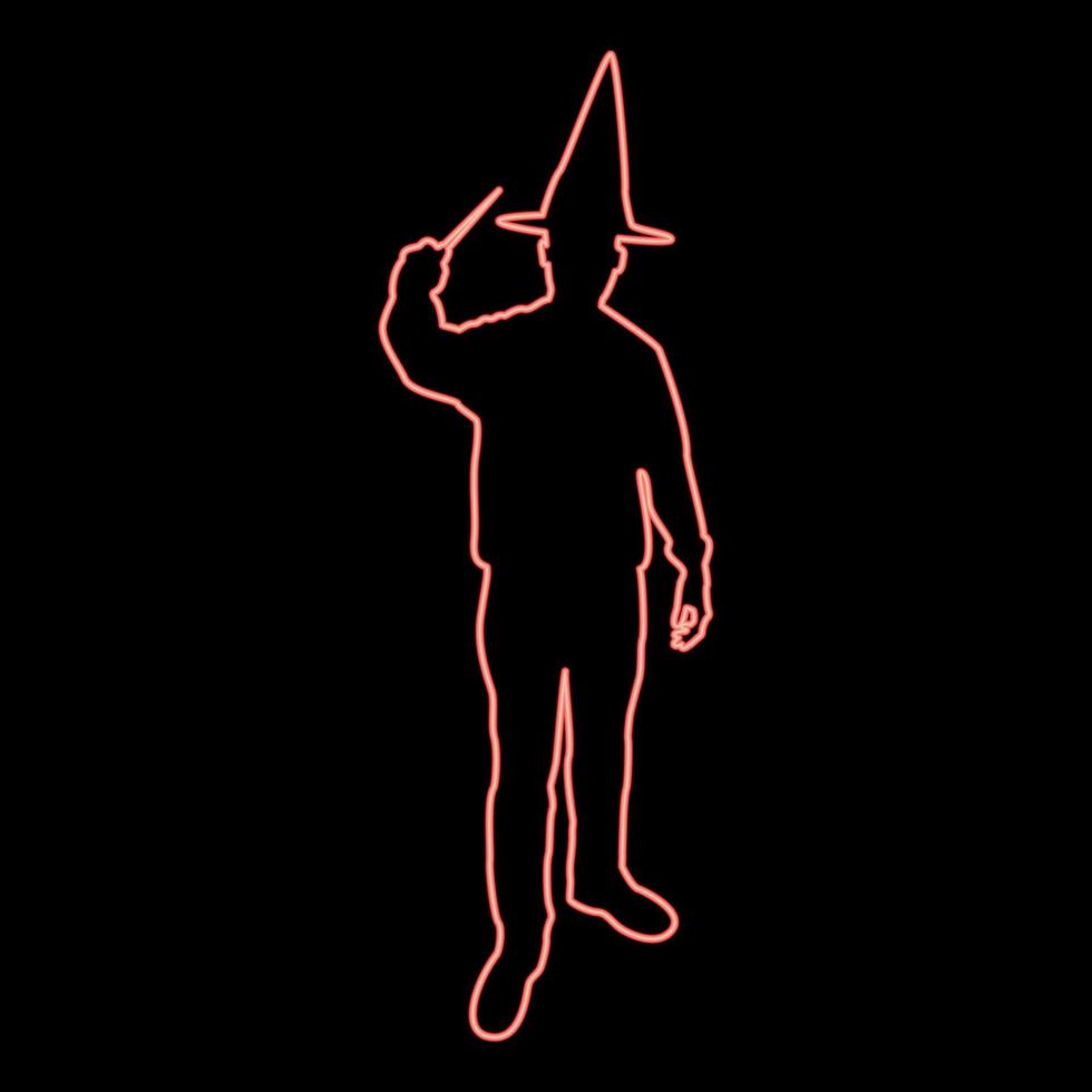 Neon wizard holds magic wand trick Waving Sorcery concept Magician Sorcerer Fantasy person Warlock man in robe with magical stick Witchcraft in hat mantle Mage conjure Mystery idea Enchantment red vector