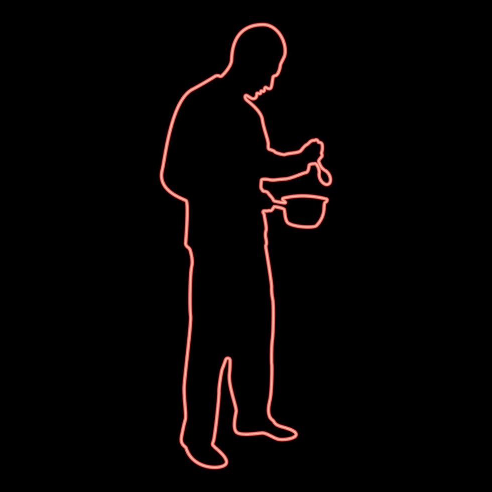 hombre de neón con una cuchara de cacerola en sus manos preparando comida cocina masculina usar platillos color rojo vector ilustración imagen estilo plano