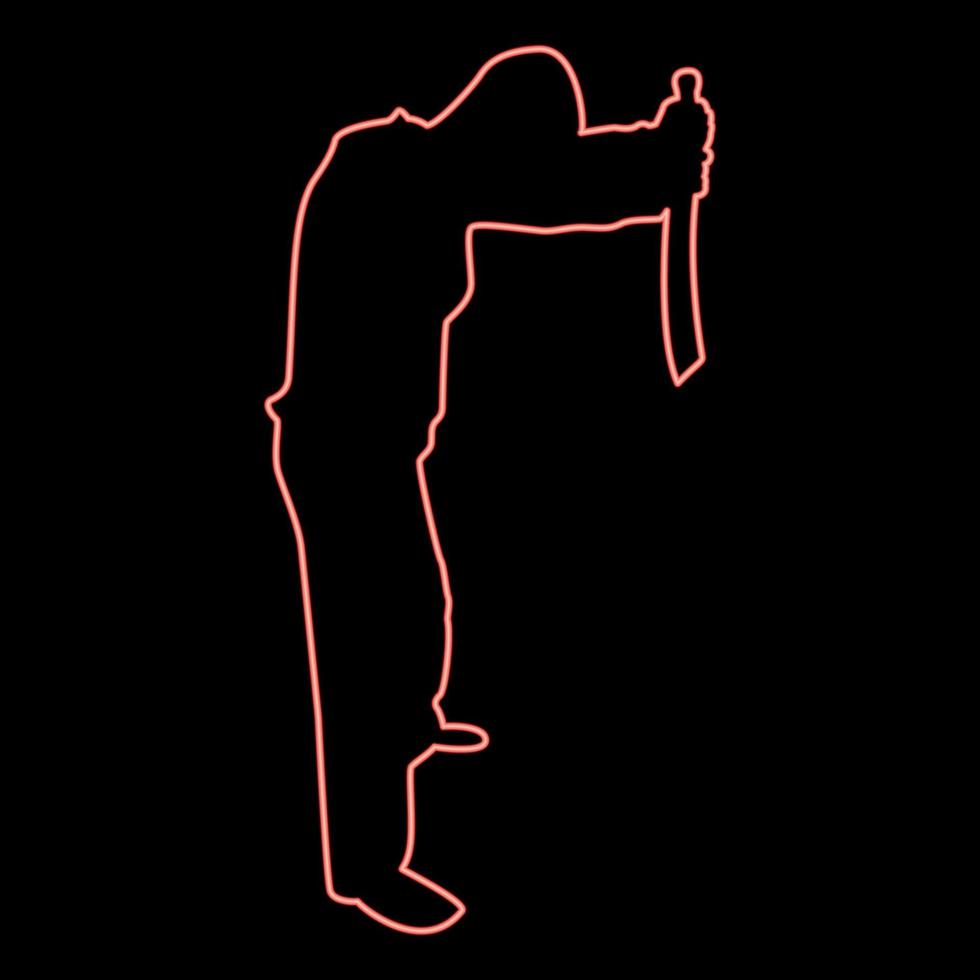 Neon man with sword machete from above Cold weapons in hand military man Soldier Serviceman in positions Hunter with knife Fight poses Strong defender Warrior concept Weaponry Stand red color vector