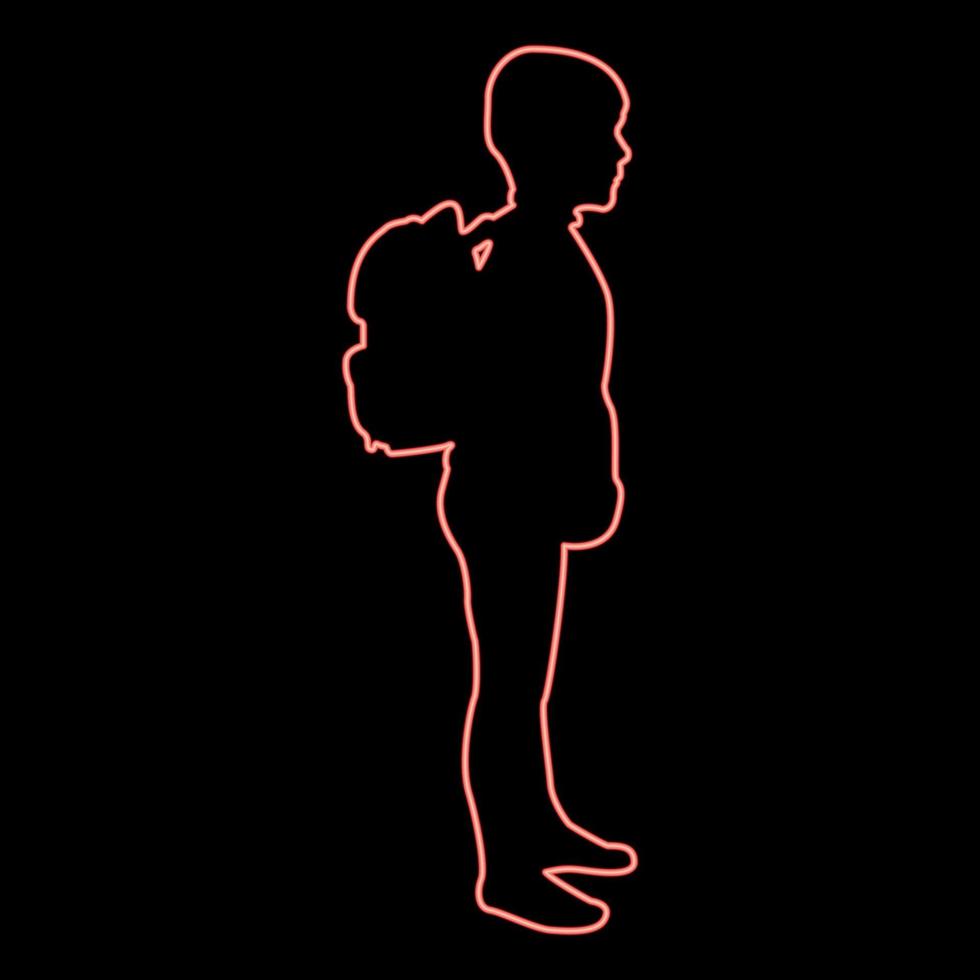 Neon schoolboy with backpack Pupil stand carrying on back Going to school concept Come back to school idea education Preschooler rucksack first September start lessons knapsack Side view red color vector