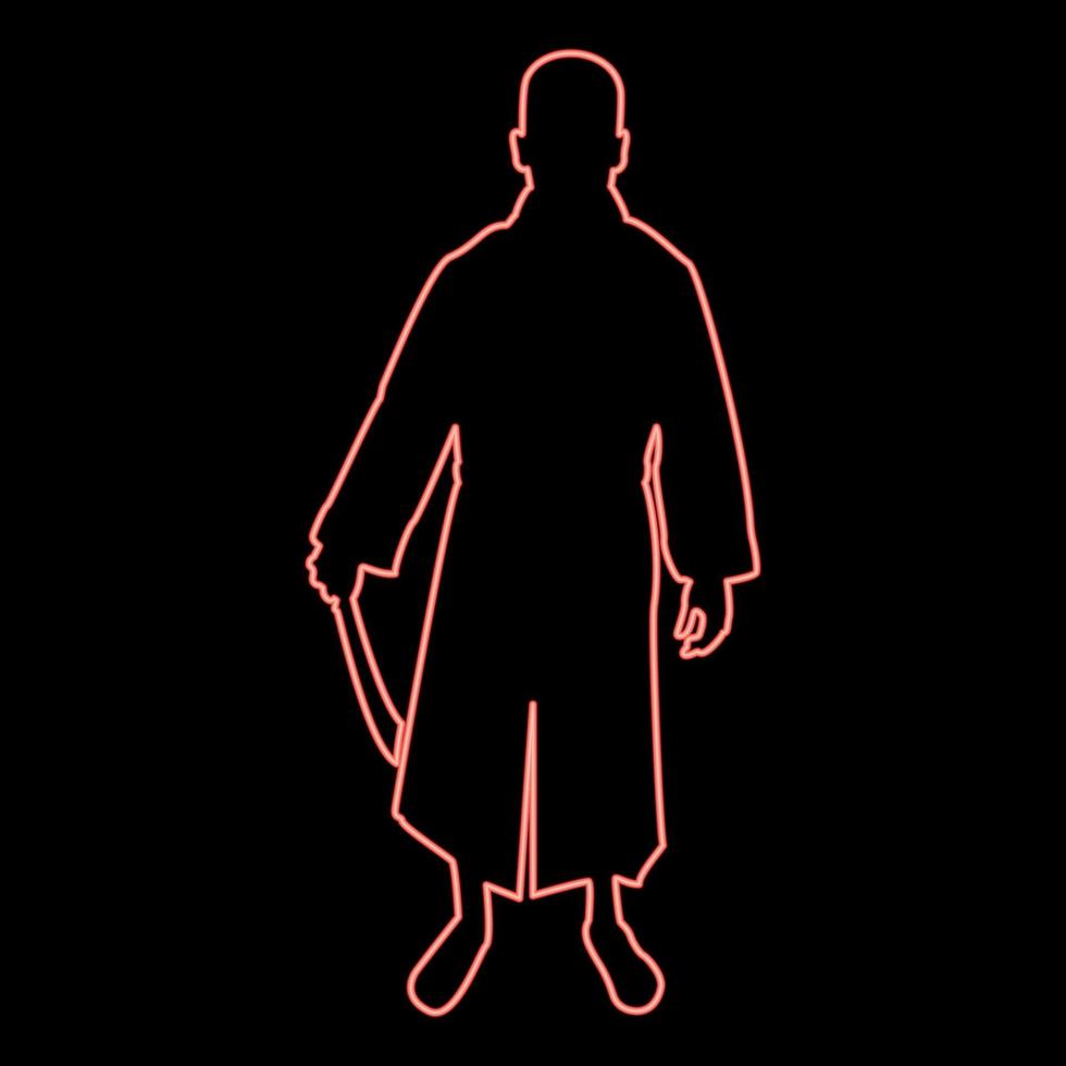 Neon man with sword machete Cold weapons in hand military man Soldier Serviceman in positions Hunter with knife Fight poses Strong defender Warrior concept Weaponry Stand red color vector