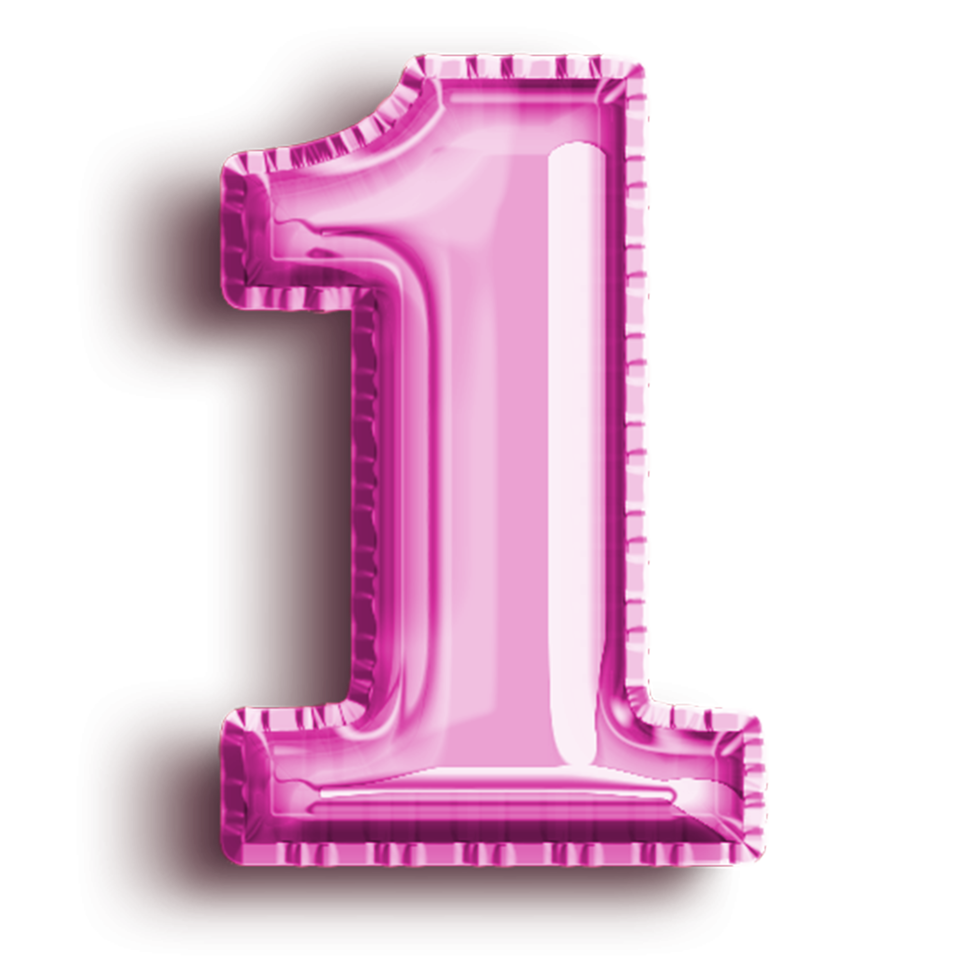 Number 1 metallic pink number balloon. Airfoil filled number illustration isolated on transparent background. Design element for festive party decoration png