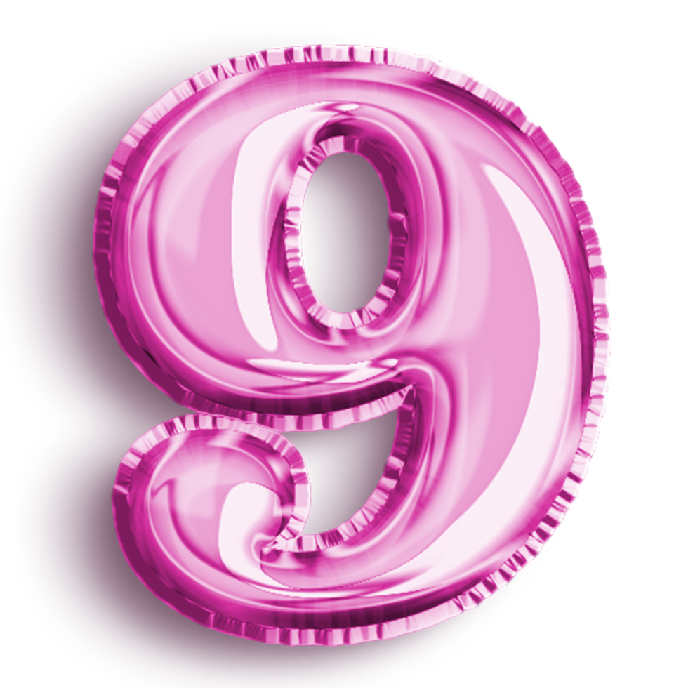 Number 9 metallic pink number balloon. Airfoil filled number illustration isolated on transparent background. Design element for festive party decoration png
