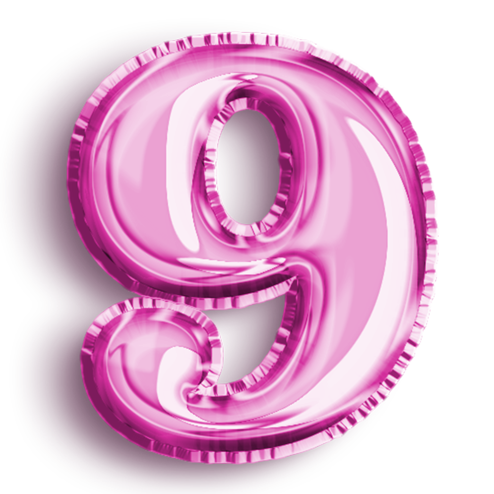 Number 9 metallic pink number balloon. Airfoil filled number illustration isolated on transparent background. Design element for festive party decoration png