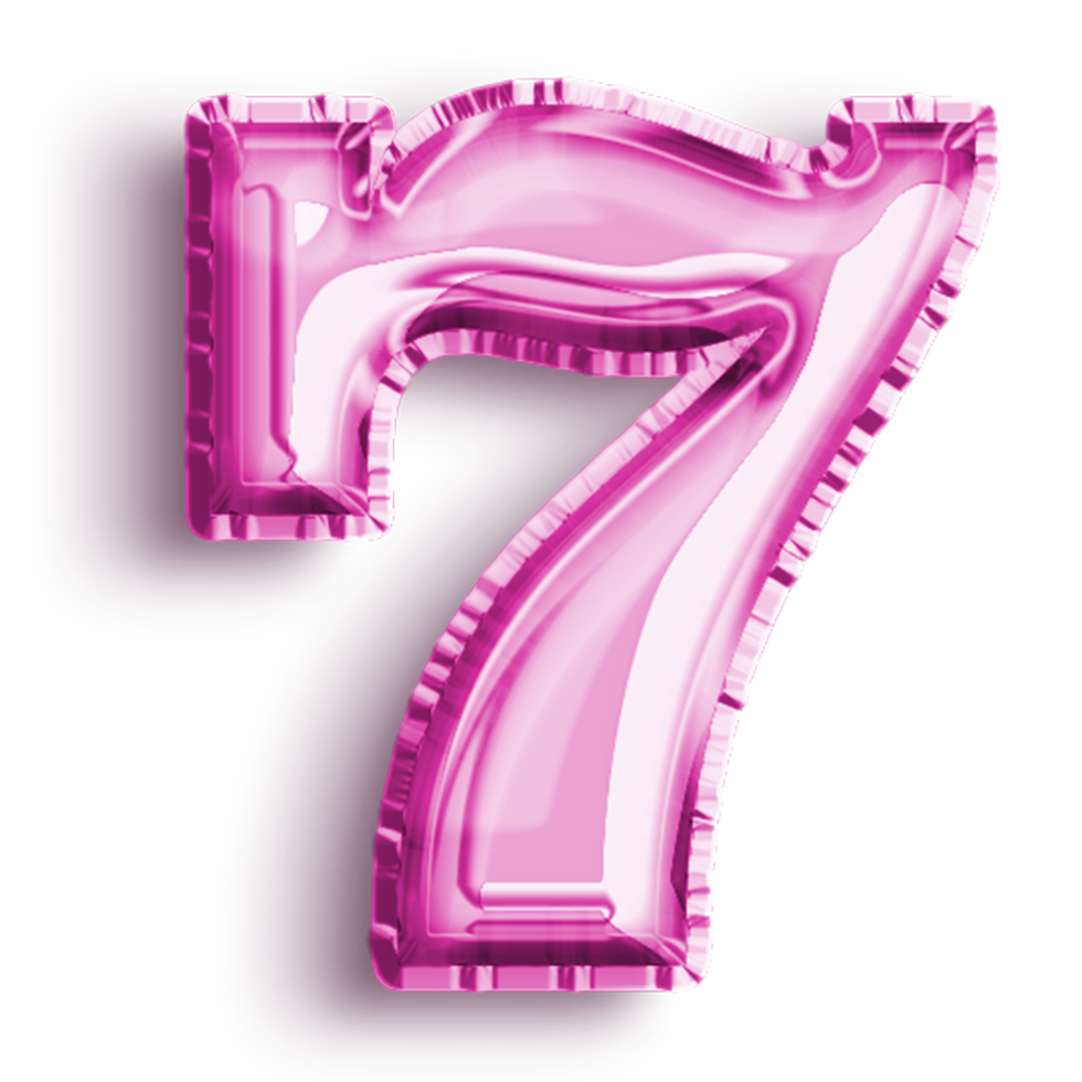 Number 7 metallic pink number balloon. Airfoil filled number illustration isolated on transparent background. Design element for festive party decoration png