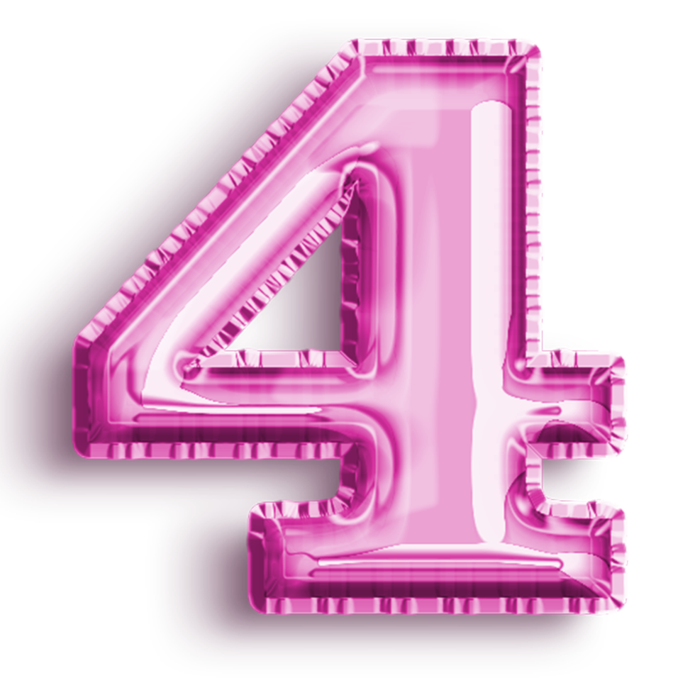 Number 4 metallic pink number balloon. Airfoil filled number illustration isolated on transparent background. Design element for festive party decoration png