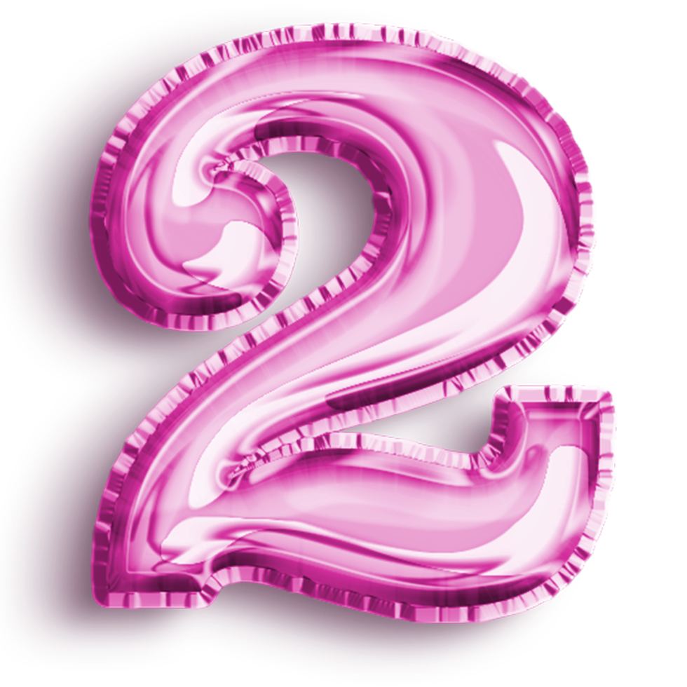 Number 2 metallic pink number balloon. Airfoil filled number illustration isolated on transparent background. Design element for festive party decoration png