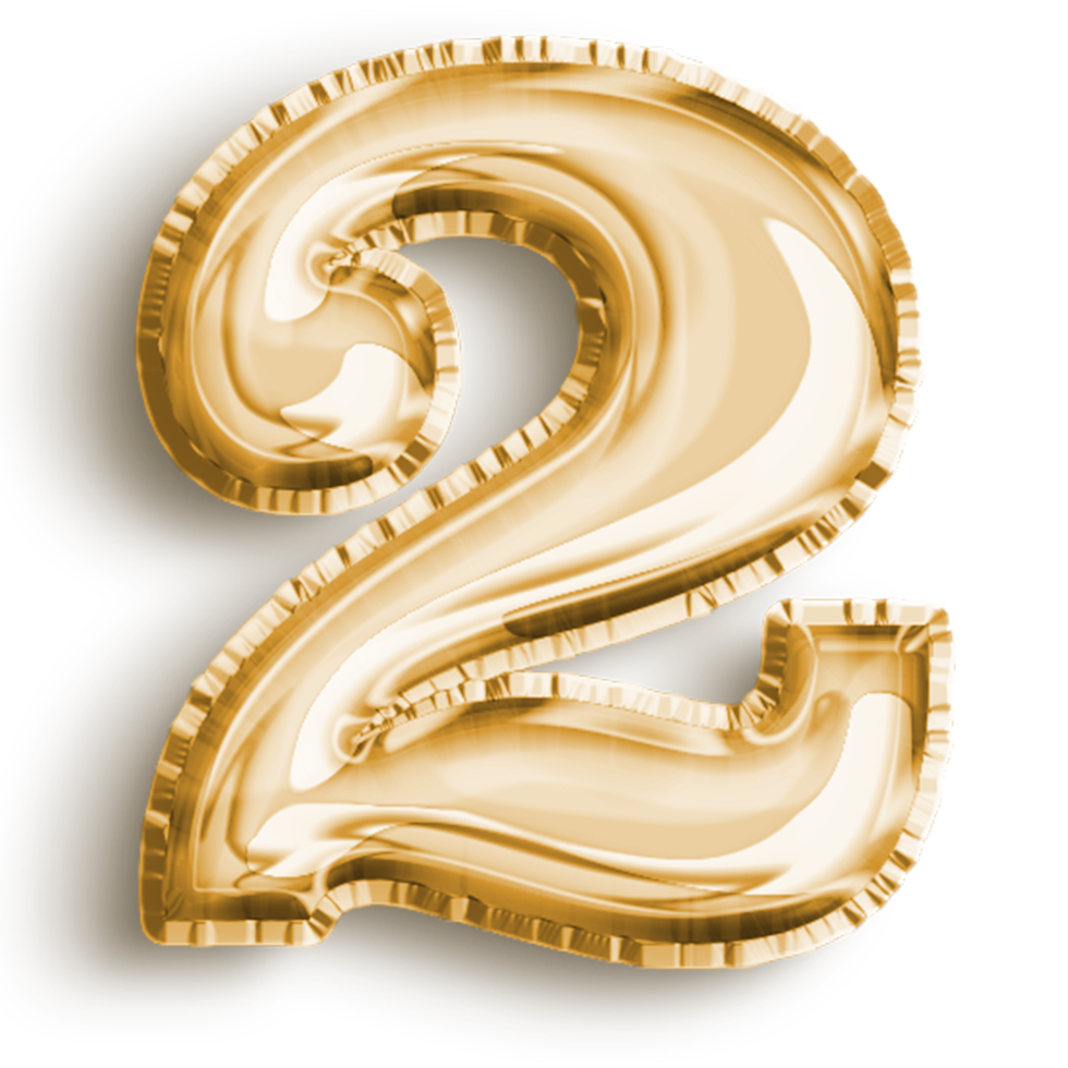 Number 2 metallic gold number balloon. Airfoil filled number illustration isolated on transparent background. Design element for festive party decoration png