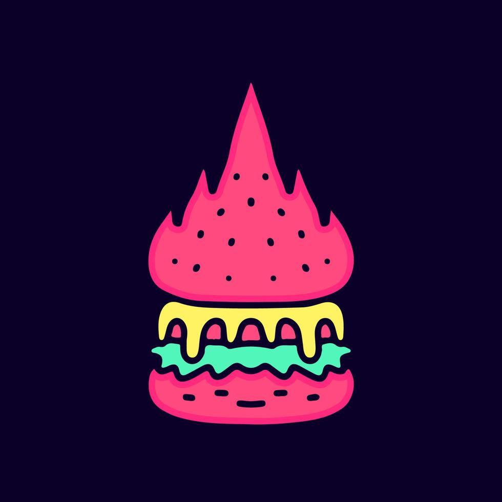 Flaming burger cartoon, illustration for t-shirt, sticker, or apparel merchandise. With modern pop and retro style. vector