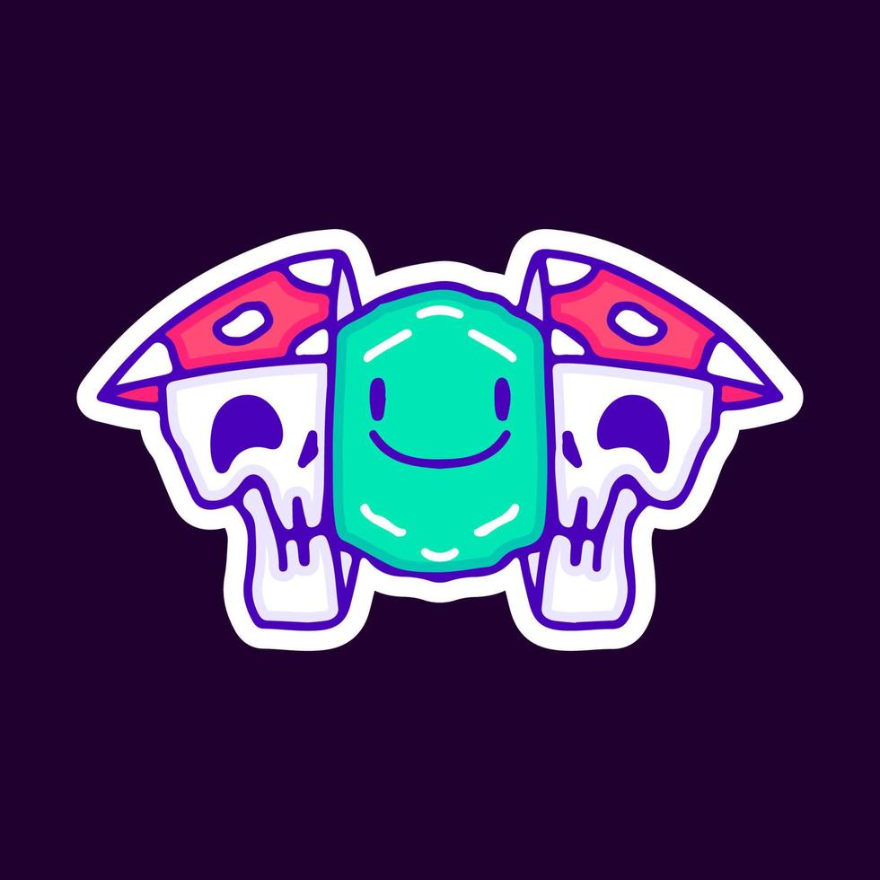 Two half of mushroom skull head with weed inside, illustration for t-shirt, sticker, or apparel merchandise. With modern pop and retro style. vector