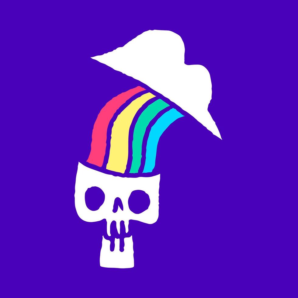 arco iris dentro de la caricatura de la cabeza del cráneo, ilustración para camisetas, calcomanías o prendas de vestir. con pop moderno y estilo retro. vector