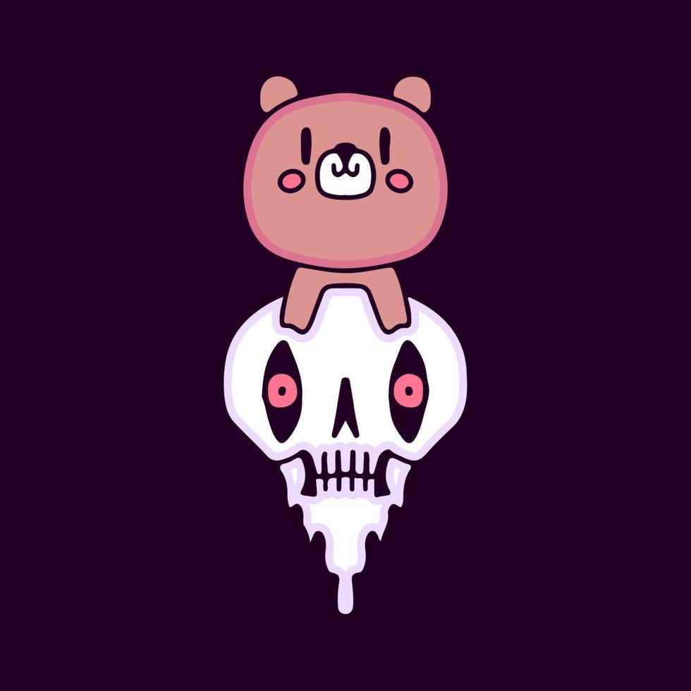 Cute bear and melted skull cartoon, illustration for t-shirt, sticker, or apparel merchandise. With modern pop style. vector